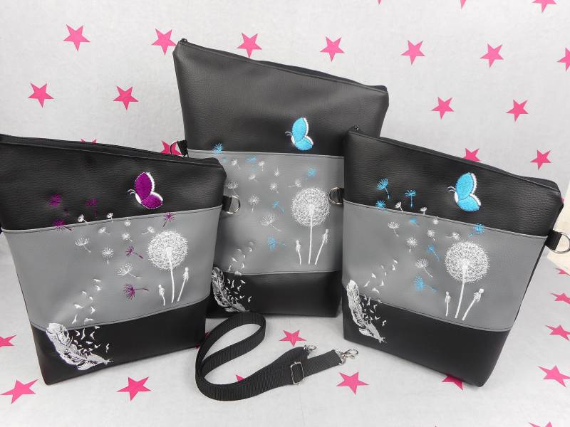 Pinkesterne Handtasche Umhängetasche Schultertasche Kunstleder Handmade Bestickt Stickerei Pusteblume Türkis Lila Schmetterling von pinkeSterne