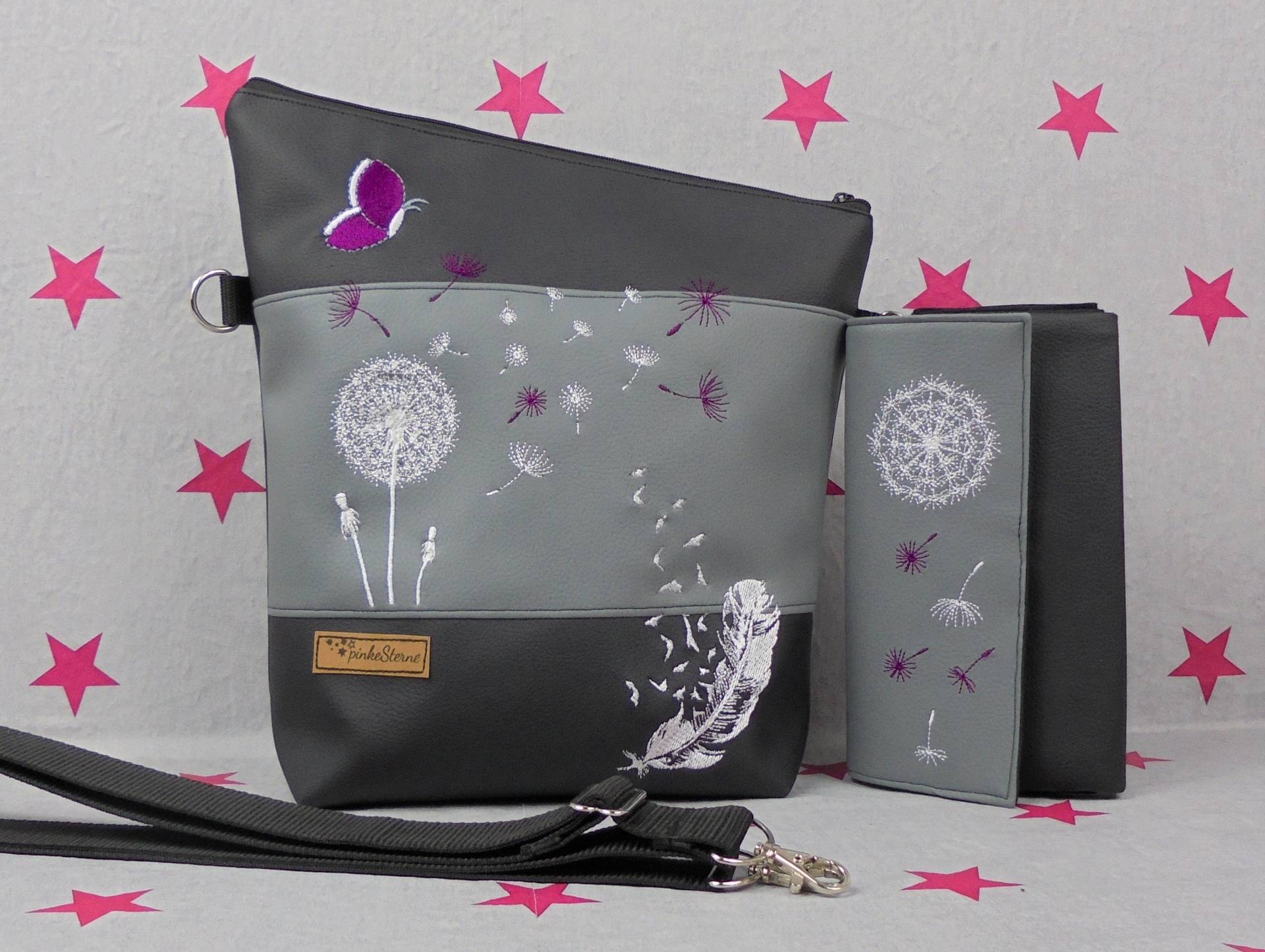 Pinkesterne Pusteblume Handtasche + Portemonnaie Geldbeutel Umhängetasche Geldbörse Schultertasche Feder Schmetterling von pinkeSterne