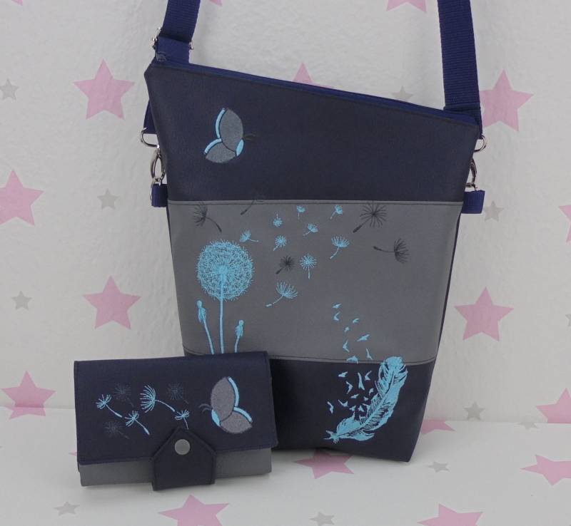 Pinkesterne Pusteblume Handtasche + Portemonnaie Umhängetasche Geldbörse Feder Schmetterling Dunkelblau von pinkeSterne