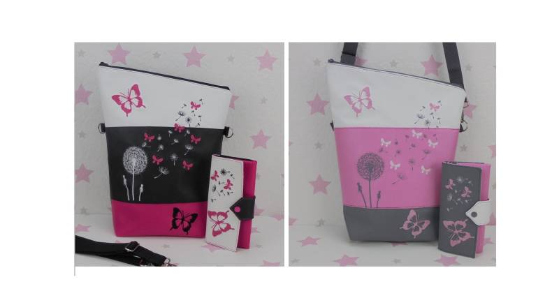 Pinkesterne Pusteblume Handtasche + Portemonnaie Umhängetasche Geldbörse Pusteblume Schmetterling Pink Rosa von pinkeSterne