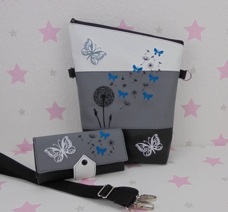 Pinkesterne Pusteblume Handtasche + Portemonnaie Umhängetasche Geldbörse Pusteblume Schmetterling Türkis von pinkeSterne