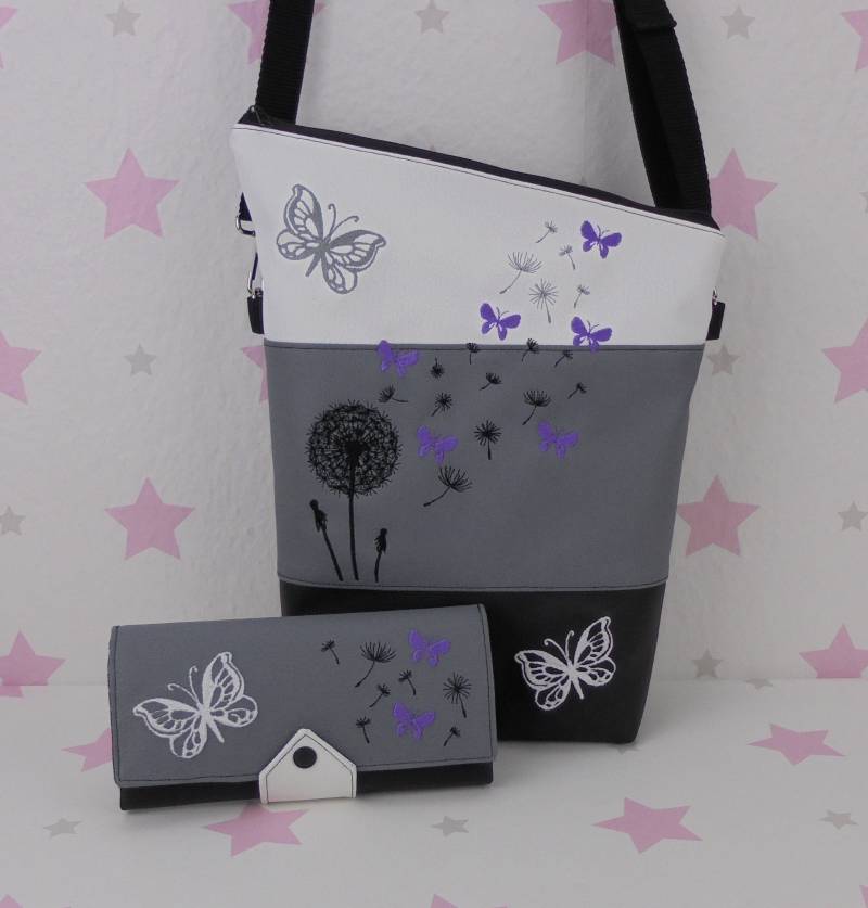 Pinkesterne Schmetterling Handtasche + Portemonnaie Umhängetasche Geldbörse Pusteblume Lila von pinkeSterne