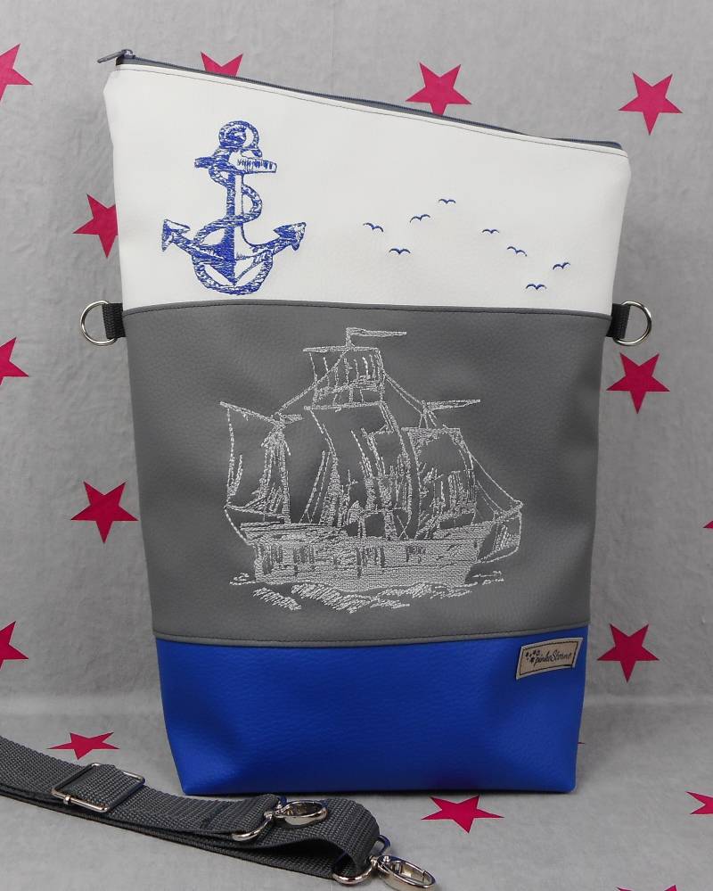 Pinkesterne Umhängetasche Handtasche Schultertasche Kunstleder Bestickt Handmade Foldover Weiß Grau Blau Anker Schiff Maritim von pinkeSterne