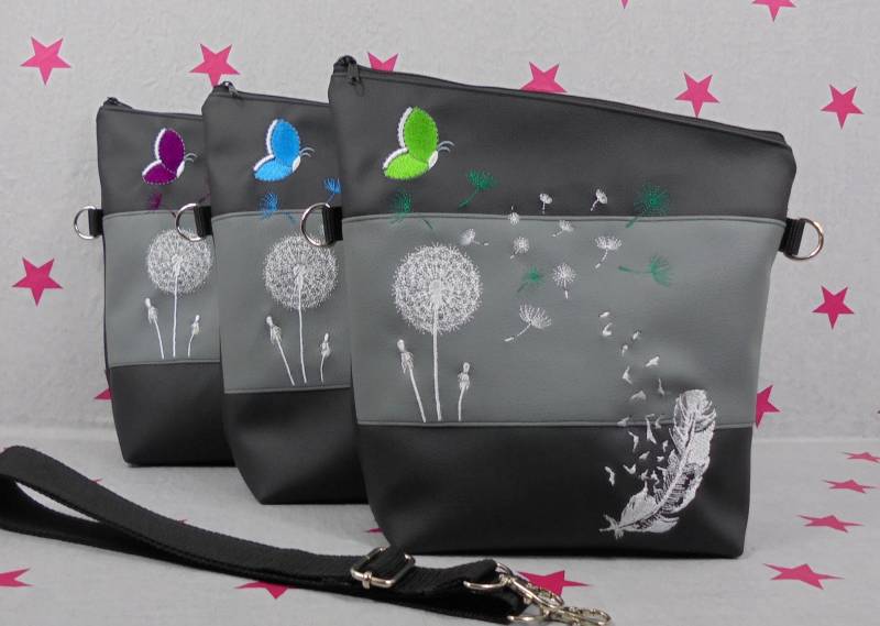 Pinkesterne Umhängetasche Handtasche Schultertasche Kunstleder Bestickt Pusteblume Foldover Grau Schwarz Farbwahl Türkis Lila Grün von pinkeSterne