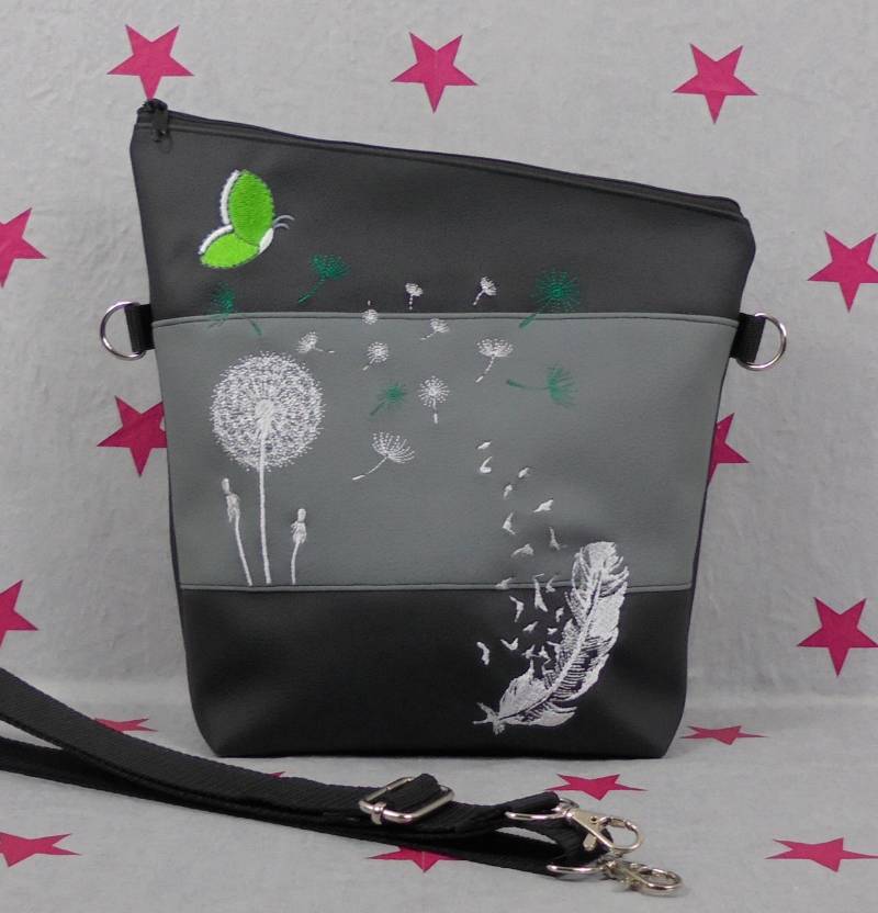 Pinkesterne Umhängetasche Handtasche Schultertasche Kunstleder Bestickt Stickerei Handmade Foldover Grau Schwarz Grün Limone Hellgrün von pinkeSterne