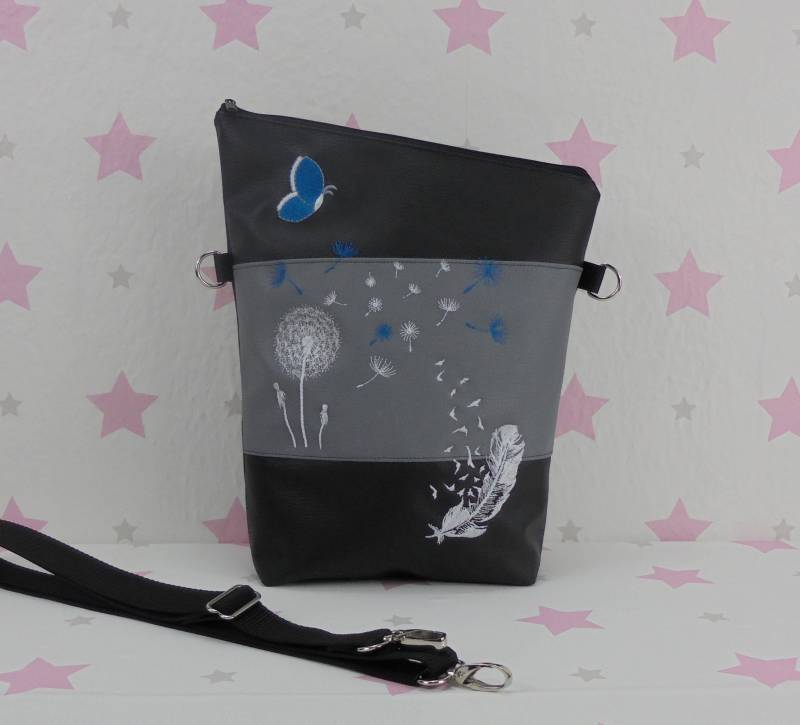 Pinkesterne Umhängetasche Handtasche Schultertasche Kunstleder Bestickt Stickerei Handmade Foldover Grau Schwarz Türkis von pinkeSterne