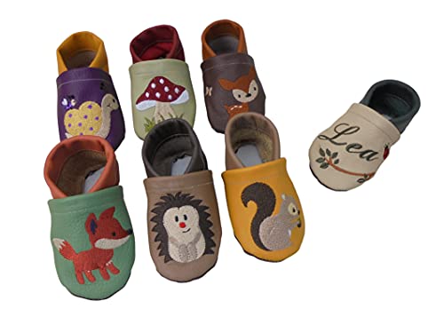 pinkeSterne Handmade ☆ Babyschuhe Lederpuschen Puschen Krabbelschuhe Hausschuhe Waldtiere Schnecke Reh Igel Eichhörnchen von pinkeSterne
