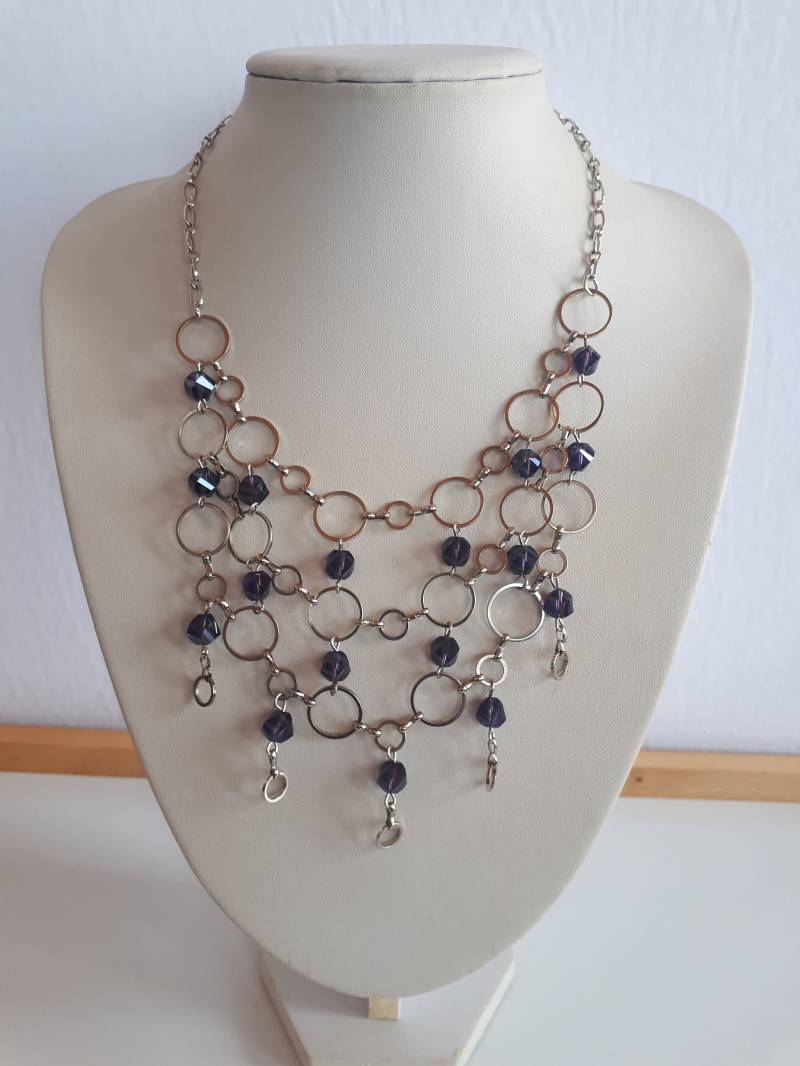 statement Silber Metall Lila Kristall Webglieder Lätzchen Wasserfall Pectoral Halskette Mit Fransen von pinklilashop