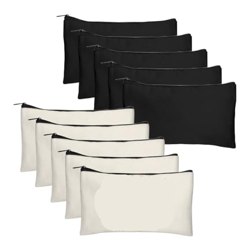 pipisweet 10 Stück blanko beige DIY Basteltasche Leinwand Federmäppchen Make-up Taschen Reißverschluss Bleistifttasche Kosmetiktasche Schule Handwerk Schreibwaren Zubehör, 5 x Schwarz, 5 x Beige von pipisweet