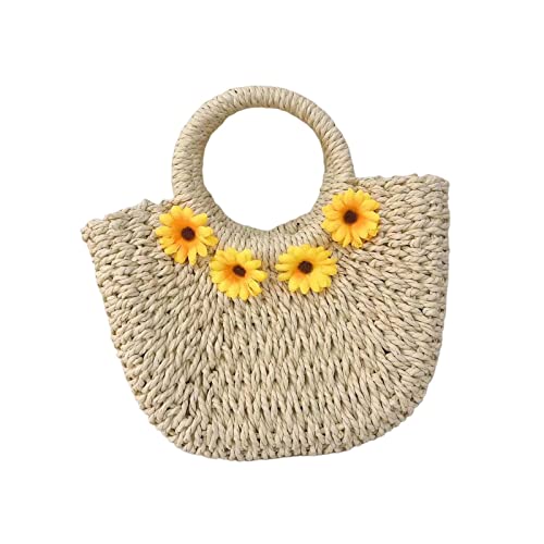 Böhmische Gewebte Handtasche Stilvolle Griff Geldbörse Sommer Strand Einkaufstasche für Picknick Shopping Urlaub- Beige von pistro