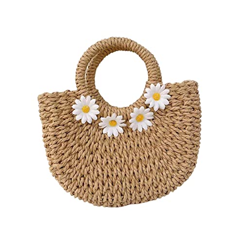 Böhmische Gewebte Handtasche Stilvolle Griff Geldbörse Sommer Strand Einkaufstasche für Picknick Shopping Urlaub- Khaki von pistro