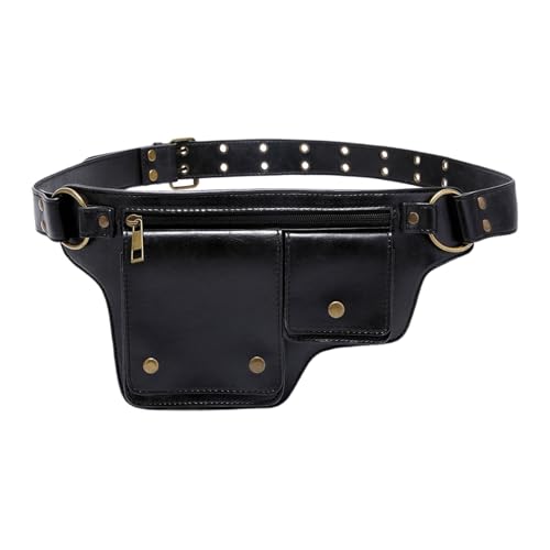 Damen Steampunk Hüfttasche PU Leder Bauchtasche Verstellbarer Gürtel Retro Design Hüfttasche Festival Geldbörse, Schwarz , M, 32 x 32 cm von pistro
