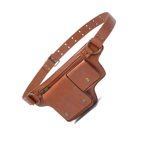 Damen Steampunk Hüfttasche PU Leder Bauchtasche Verstellbarer Gürtel Retro Design Hüfttasche Festival Geldbörse, braun, M, 32 x 32 cm von pistro