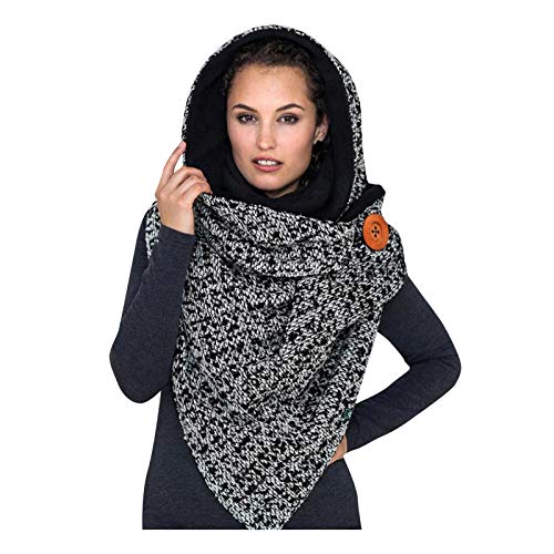 Damen Schal Dreiecksschal Groß Elegant Bunt Feder Drucken Button Knopf Dreieckstuch Weich Warme Herbstschal Winterschal Karo Tartan Streifen Herbstschal Halstücher Cape Scarf (Aw01-Black, One Size) von pitashe_Bekleidung