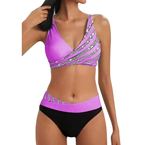 Damen Zweiteiliger Badeanzug Bikini Damen Bauchweg High Waist Push Up Bikinis für Damen V Ausschnitt überkreuztes Glitzer Muster Bademode Bauchkontrolle Bikini Swimsuit Bikini Sets(A1 Purple, XXL) von pitashe_Bekleidung