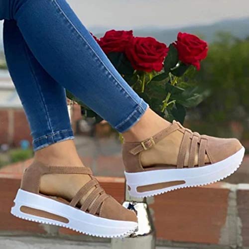 Pitashe Damen Sandalen Sommer Lässige Einfarbig Schnalle Offener Stroh Keilabsatz Plateau Wildleder Schuhe Strandsandalen Flache Schuhe Elegant Römersandalen Flip Flops Damen Freizeit Sommerschuhe von pitashe_Bekleidung