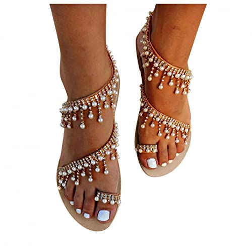 Pitashe Sandalen Damen mit Absatz Retro Damen Sommer Rom Farbe Glitzer Strass Kreuzgurt Flache Frauen Strandsandalen Pantoletten Römersandalen Sandaletten Flip Flops Hausschuhe Slipper Sommerschuhe von pitashe_Bekleidung
