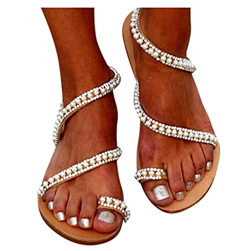 pitashe_Bekleidung Sandalen Damen mit Absatz Retro Rom Farbe Glitzer Strass Kreuzgurt Flache Strandsandalen Pantoletten Sandaletten Flip Flops Hausschuhe Slipper Sommerschuhe, Weiß, 43（41 EU） von pitashe_Bekleidung