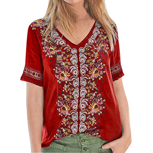 Pitashe Damen Tops Elegant Retro V-Ausschnitt Kurzarm Nähen Drucken Damen Sommer T-Shirts Crop Top Weste Tank Top Mode Party Oberteile Blusen Camisole Hemd Bekleidung Vest Bauchfrei Tunika Shirts Tops von pitashe Tops