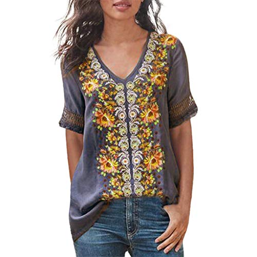 Pitashe Damen Tops Elegant Retro V-Ausschnitt Kurzarm Nähen Drucken Damen Sommer T-Shirts Crop Top Weste Tank Top Mode Party Oberteile Blusen Camisole Hemd Bekleidung Vest Bauchfrei Tunika Shirts Tops von pitashe Tops