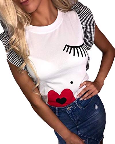 Pitashe Damen Tops Freizeit Rundhals Lotusblatt Kurzarm Lippenabdruck Drucken Damen Sommer T-Shirt Crop Top Weste Tank Top Party Oberteile Bluse Camisole Hemd Bekleidung Vest Bauchfrei Tunika Shirts von pitashe Tops