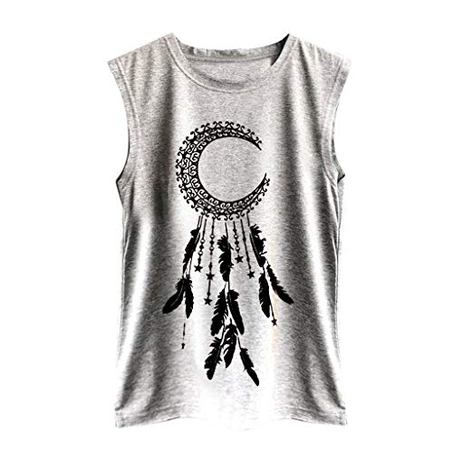 Pitashe Damen Tops Mode Einfarbig Mond und Feder Drucken Ärmellos Spitze Nähen Damen Sommer T-Shirts Crop Top Weste Tank Top Party Oberteile Blusen Camisole Hemd Bekleidung Vest Bauchfrei Tunika Shirt von pitashe Tops