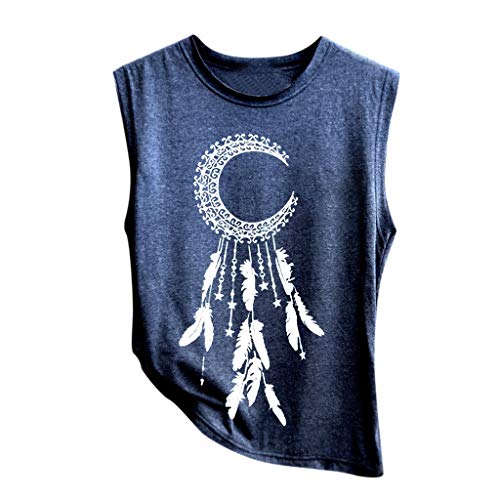 Pitashe Damen Tops Mode Einfarbig Mond und Feder Drucken Ärmellos Spitze Nähen Damen Sommer T-Shirts Crop Top Weste Tank Top Party Oberteile Blusen Camisole Hemd Bekleidung Vest Bauchfrei Tunika Shirt von pitashe Tops