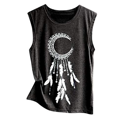 Pitashe Damen Tops Mode Einfarbig Mond und Feder Drucken Ärmellos Spitze Nähen Damen Sommer T-Shirts Crop Top Weste Tank Top Party Oberteile Blusen Camisole Hemd Bekleidung Vest Bauchfrei Tunika Shirt von pitashe Tops