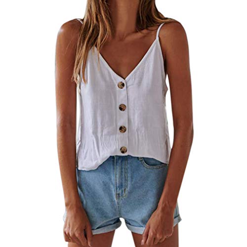 Pitashe Damen Tops Sexy Ärmellos V-Ausschnitt Rückenfrei Slim Fit Sling Knopf Weste Damen Sommer Tank Top Party Oberteile Blusen Camisole Hemd T-Shirt Crop Top Bekleidung Vest Bauchfrei Tunika Shirts von pitashe Tops