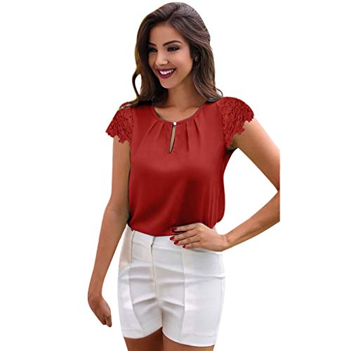 Pitashe Damen Tops Sexy Einfarbig Spitze Chiffon Rundhals Kurzarm Damen Sommer T-Shirt Baumwolle Tank Top Mode Party Oberteile Blusen Camisole Bekleidung Vest Bauchfrei Tunika Crop Top Weste Clubwear von pitashe Tops