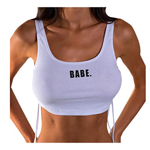 Pitashe Damen Tops Süß Mode Armellos U Kragen Bequem BABE Drucken Damen Sommer Crop Top Kurz Weste T-Shirt Tank Top Party Oberteile Bluse Camisole Hemd Bekleidung Vest Bauchfrei Tunika Clubwear Shirts von pitashe Tops