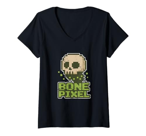 Damen Bone Pixel Skull Gamer T-Shirt mit V-Ausschnitt von pixel skull gamer arcade blocky Halloween jack o