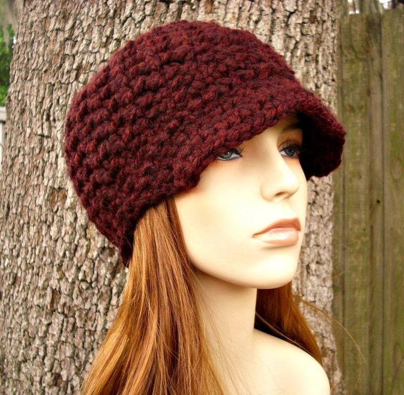 Grobstrick Häkelmütze, Damenmütze, Herrenmütze, Wintermütze, Schiebermütze, Gehäkelte Mütze, Jockeymütze, Weinrote von pixiebell