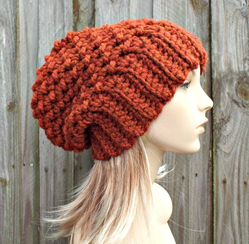 Grobstrick Häkelmütze, Damenmütze, Herrenmütze, Wintermütze, Slouchy Mütze, Beanie, Souffle Baskenmütze, Burnt Orange von pixiebell