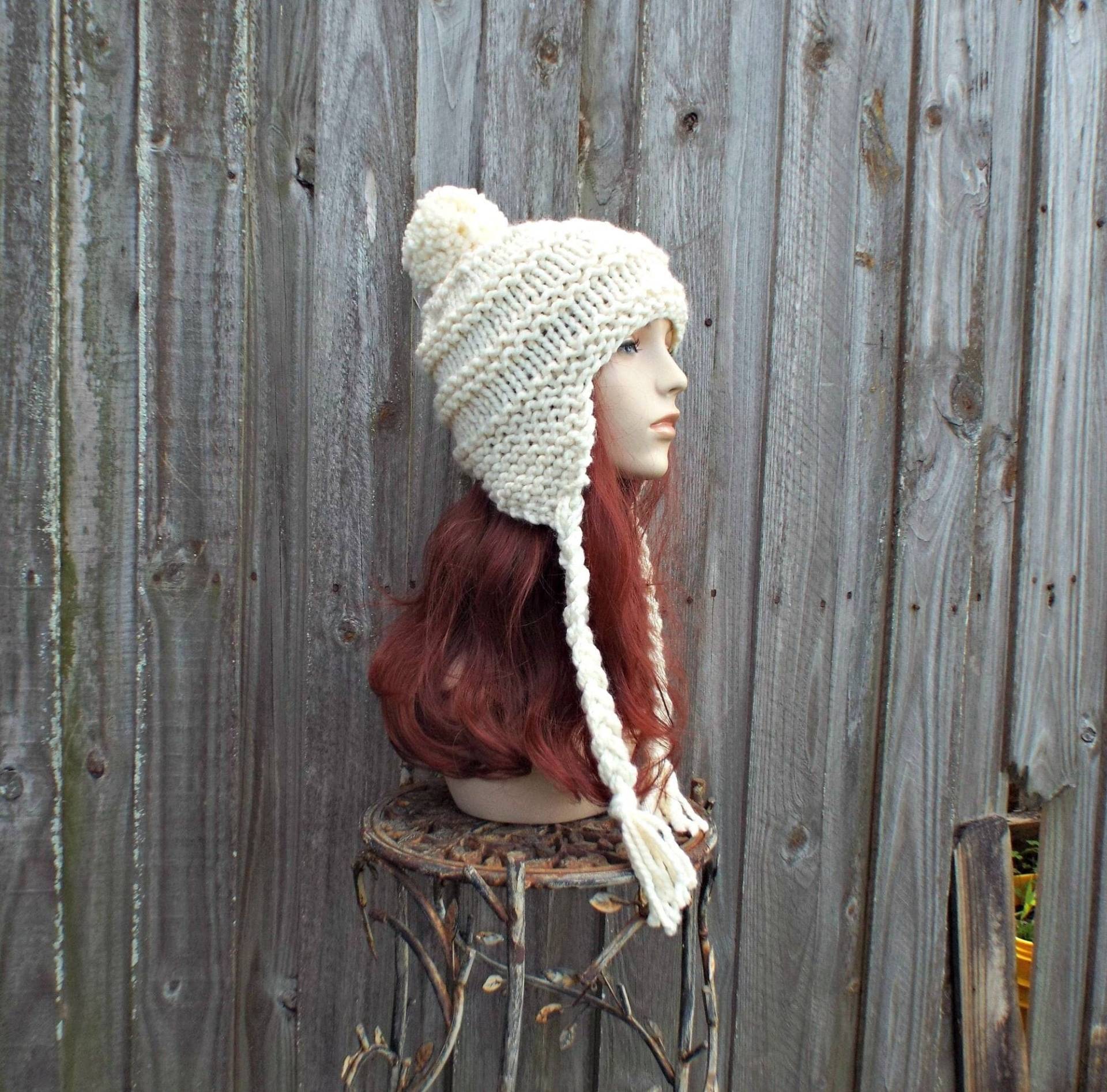 Grobstrick Mütze, Damenmütze, Herrenmütze, Wintermütze, Pom Ohrenklappenmütze, Strickmütze, Skimütze, Creme von pixiebell