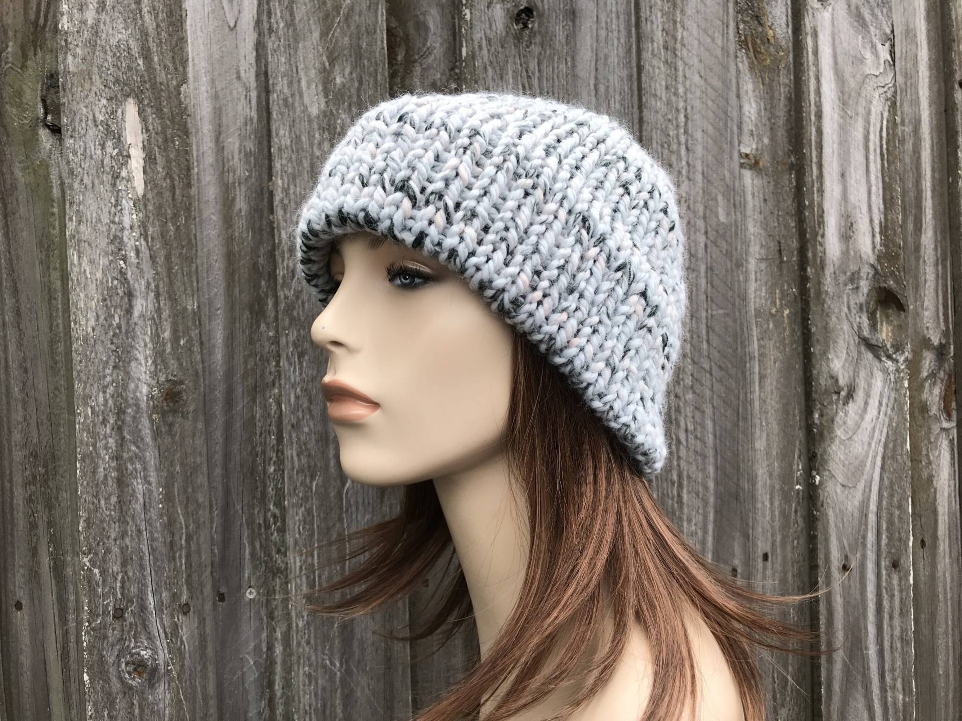 Handgestrickte Mütze, Grobstrick Damen Herren Winter Strickmütze, Doppelt Dicke Krempe, Delphin, Arctic Ice von pixiebell