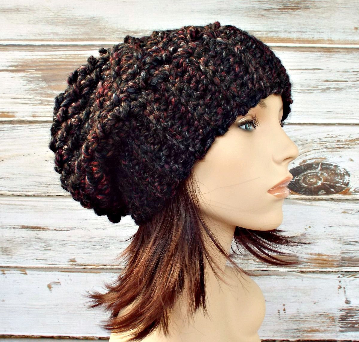 Häkelmütze, Boho Hut, Slouchy Beanie, Damenmütze, Wintermütze, Souffle Hat, Blackstone Schwarz von pixiebell