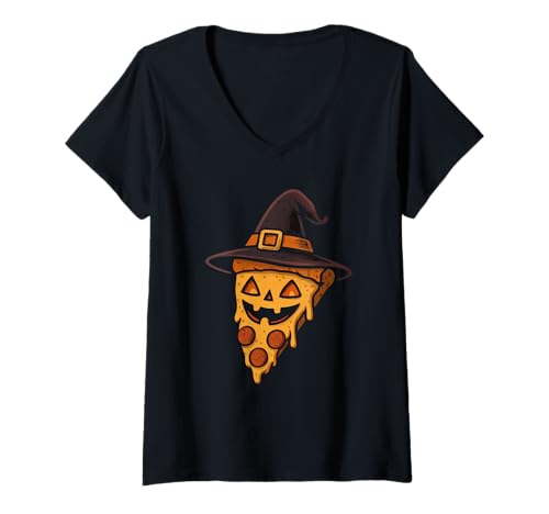 Damen Hexe Pizza Kürbis Gesicht T-Shirt mit V-Ausschnitt von pizza witch hat pumpkin spooky halloween halloween