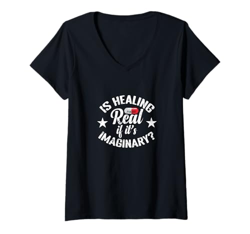 Damen Ist Heilung real, wenn es eine imaginäre Frage ist T-Shirt mit V-Ausschnitt von placebo healing debate skeptic humor mindbody