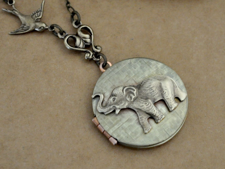 Best Of Friends Baby Elefant Und Spatz Vogel Vintage Medaillon Halskette Antike Messing Lange Kette von plasticouture
