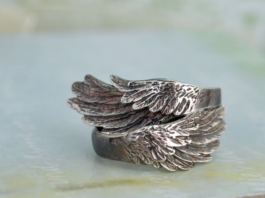 Handgemachte 925 Sterling Silber Ring Set Winged Oxidierte Set, Antikes Silber, Massiv Gegossenen Feder Flügel von plasticouture
