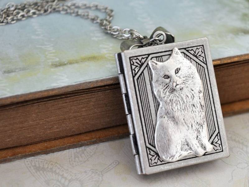 Handgemachte Antik Silber Buch Stil Katze Medaillon, Vintage Charme, Bogen Lange Kette, Geschenk Für Katzen-Liebhaber Handgemachte Antik Silber Buch Stil Katze Medaillon, Vintage Charme, Bogen Lange Kette, Geschenk Für Katzen-Liebhaber von plasticouture