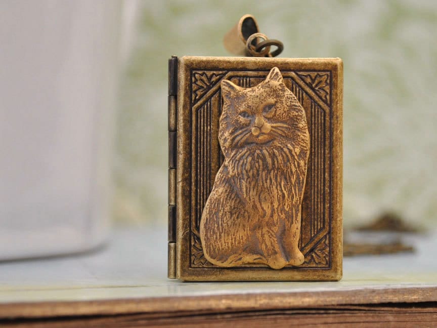 Messing Katze Buch Medaillon Halskette Handgemachte Antiqued Messing Bogen Und Foto Schmuck Geschenk Für Frauen von plasticouture