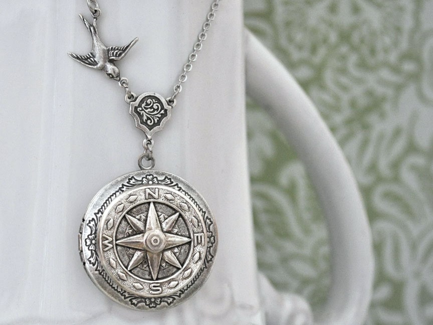 Silber Kompass Foto Locket Anleitung True Nördlich Spatz Vogel Point Me To The Right Direction Geschenk Halskette Medaillon Für Frauen von plasticouture