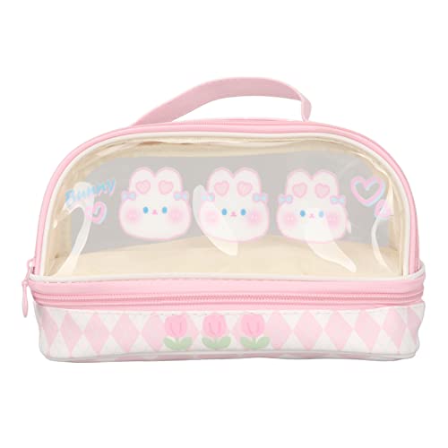 Niedliche Kaninchenstifttasche Kaninchenmuster Doppelschicht Anti Water Transparent Federmäppchen Rosa Kosmetiktasche mit Griff für Kinder, Niedlich Kaninchenmuster, Doppelschicht-Design, Design mit von plplaaoo