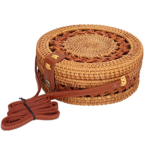plplaao Handgewebte Runde Rattantasche,Umhängetaschen aus Stroh für Damen,Runde Umhängetaschen für Damen, stilvolle Damen-Rattan-handgefertigte Tasche,Umhängetasche aus Stroh von plplaaoo