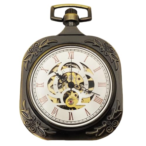 plyrmonth Herren Antik Bronze Mechanische Uncovered Design Quadratische Taschenuhr Klassische Handaufzug Automatik Taschenuhr mit Kette Geeignet für Verschiedene Kleidung Sehr bedeutungsvolles von plyrmonth