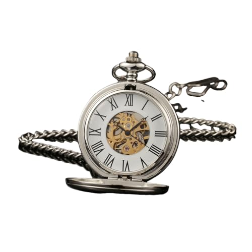 plyrmonth Silberne vordere und hintere doppelte Abdeckung, mechanische hohle Taschenuhr mit römischen Ziffern Zifferblatt und automatischer Taschenuhr mit Kette, geeignet für Männer und Frauen von plyrmonth