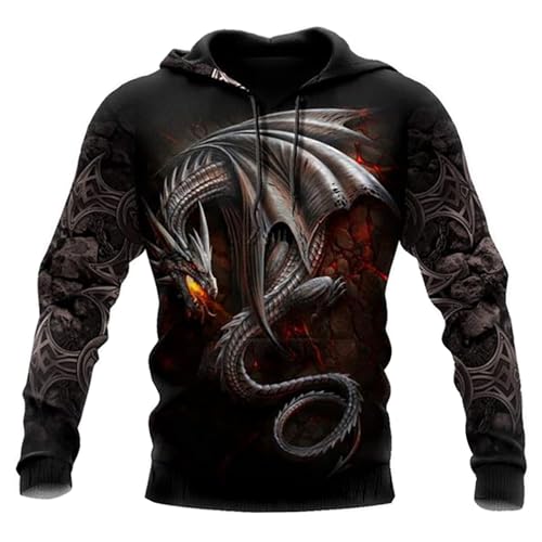 pochikiki- Drachenmuster 3D Printed Hoodie Drachen Casual Pullover mit Kordelzug Nordische Mythologie Sweatshirt mit Langen Ärmeln mit Kängurutasche, für Damen und Herren von pochikiki-