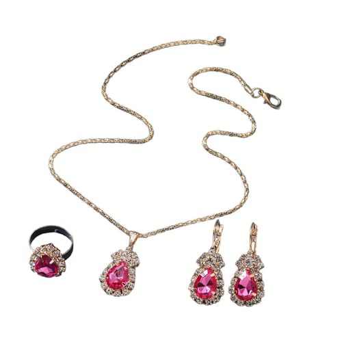 pofluany Strass Schmuck Set Halskette Ohrringring Combo 3pcs Frauen Schmuck Set Sprudeln Strasshilfe Halskette Drop Ohrringe und verstellbare Ring Hypoallergene Hochzeit & Party Rosenrot von pofluany